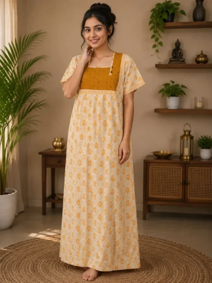 Pure Jaipur Cotton Nighty – Mustard Floral Print (L to 5XL)