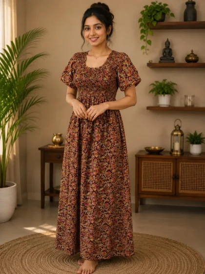 Women’s Smocking Nighty Gown – Floral Print (L to 5XL)