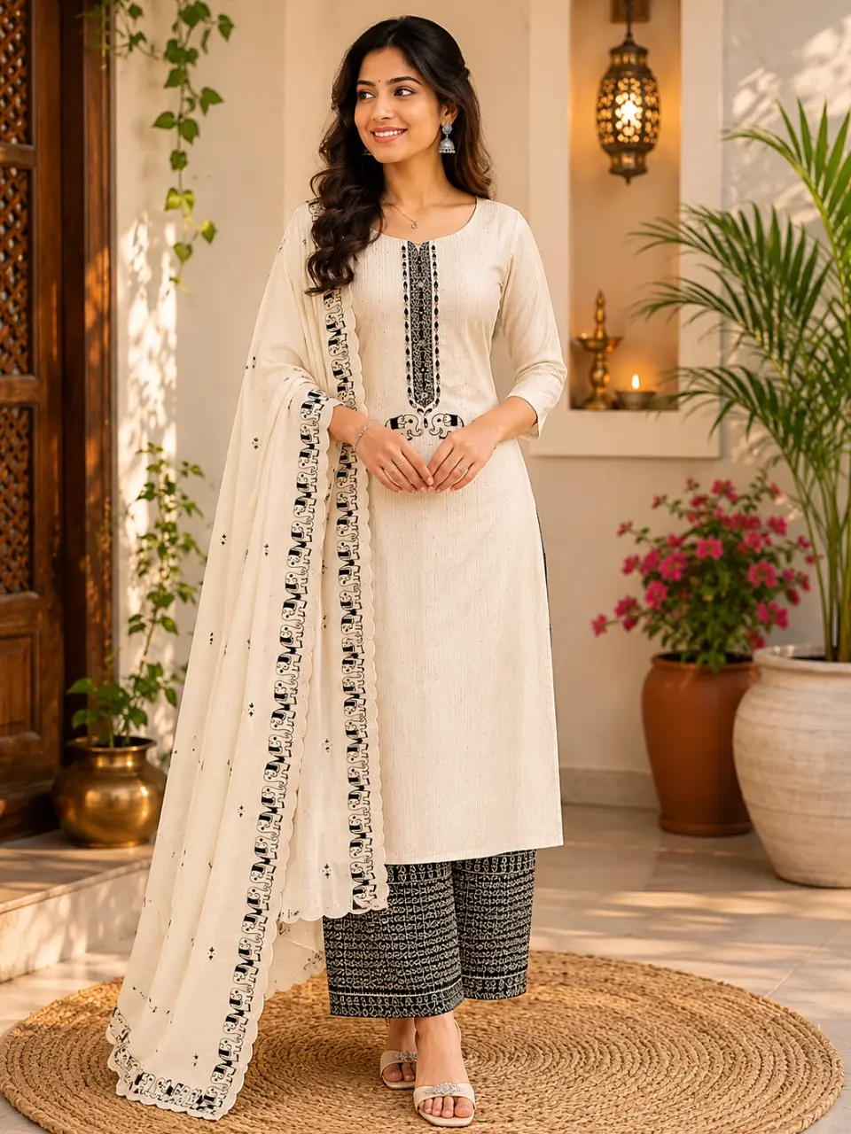 Premium Cotton Chudi Material Set – Cream Embroidered Salwar Suit