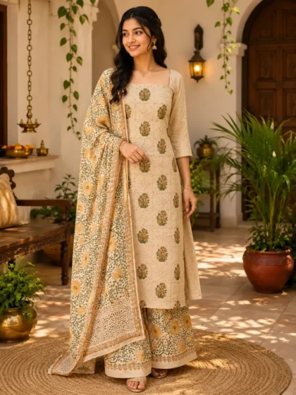 Designer Cotton Chudi Material Set – Beige Floral Print Salwar Suit