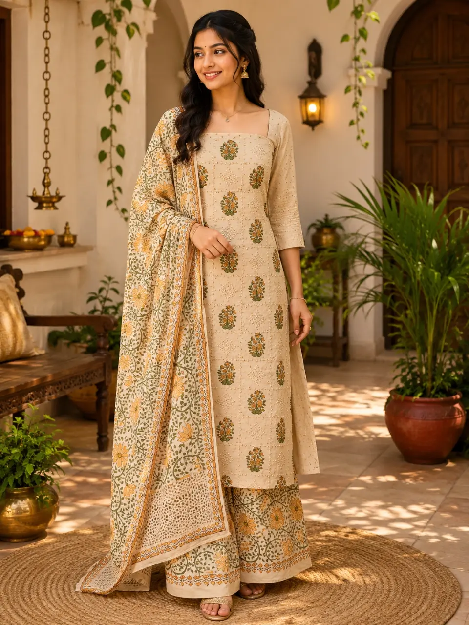 Designer Cotton Chudi Material Set – Beige Floral Print Salwar Suit