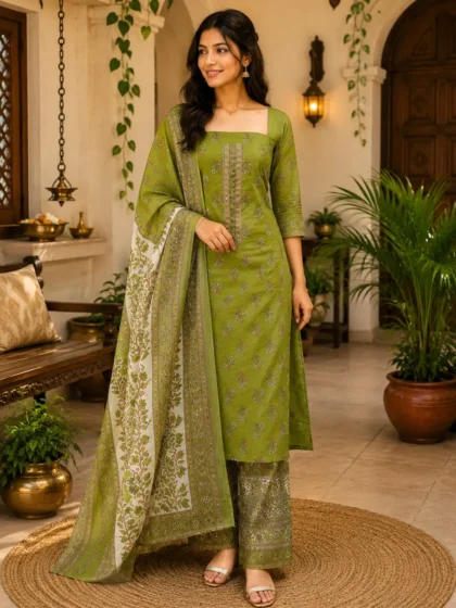 Designer Cotton Chudi Material Set – Olive Green Printed Salwar Suit