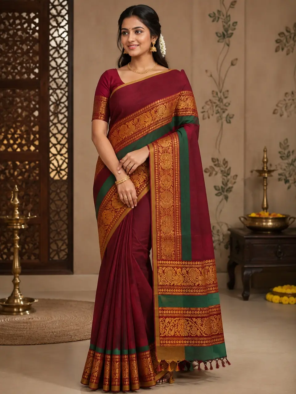 Narayanapet Pure Cotton Saree – Maroon with Zari Border