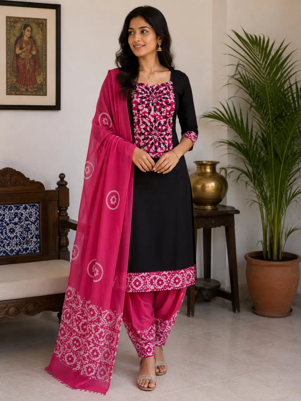Designer Chudi Material Set – Black & Pink Printed Salwar Suit