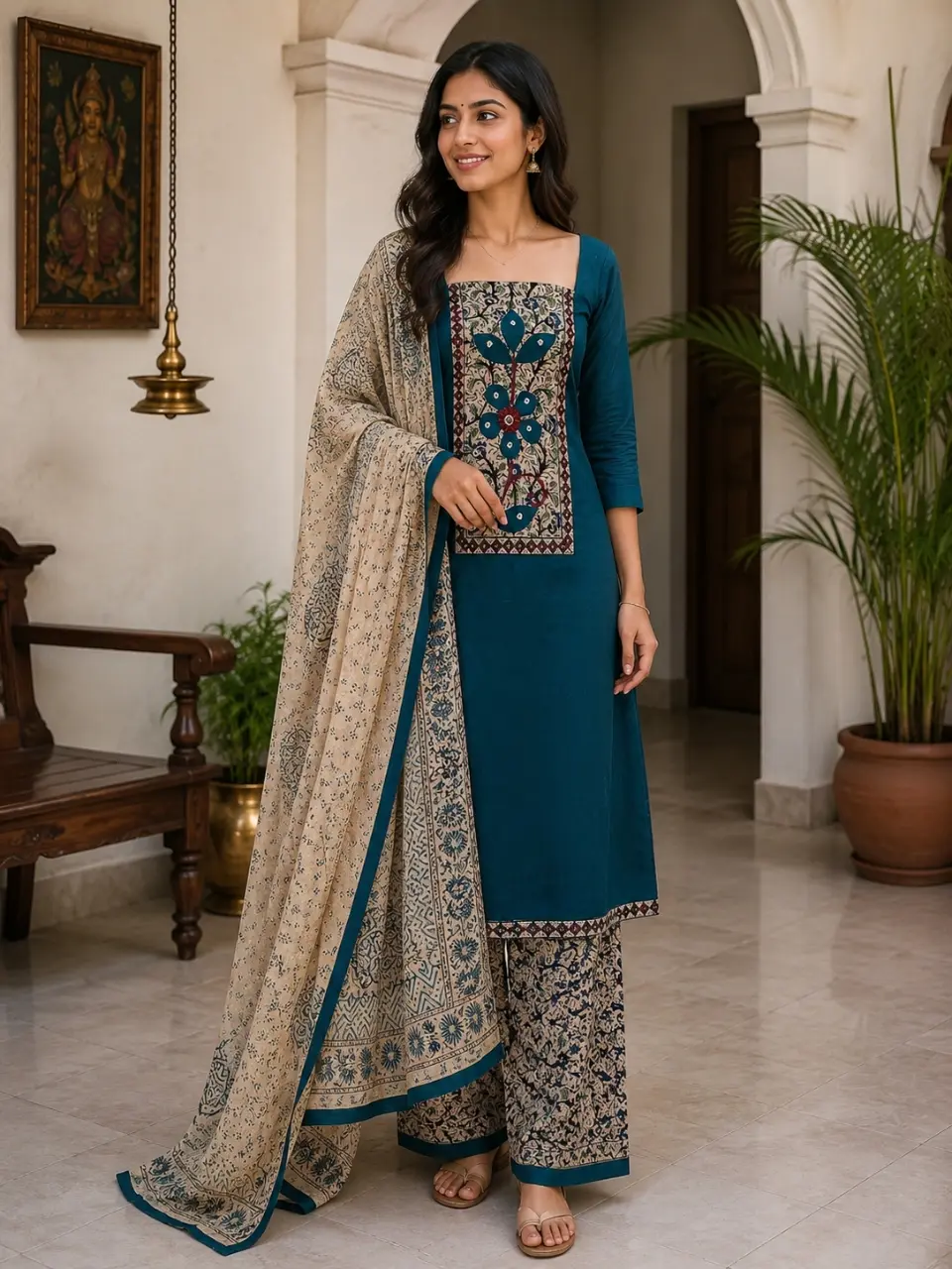 Designer Chudi Material Set – Teal Blue Floral Printed Salwar Suit