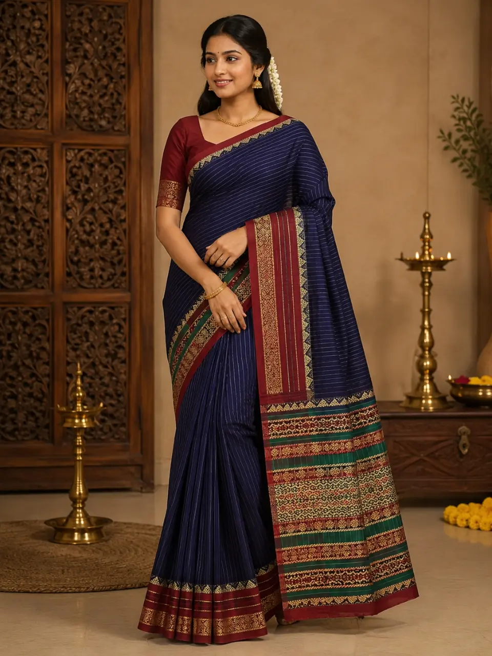 Narayanapet Pure Cotton Saree – Navy Blue Striped Traditional Border