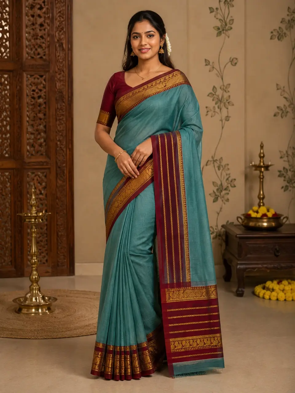 Narayanapet Pure Cotton Saree – Sea Green with Maroon Zari Border