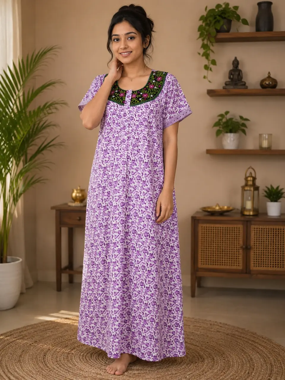Pure Jaipur Cotton Floral Nighty – Purple Print (L to 5XL)